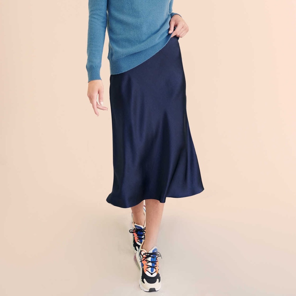 Quince 100% Silk Midi Skirt in Navy